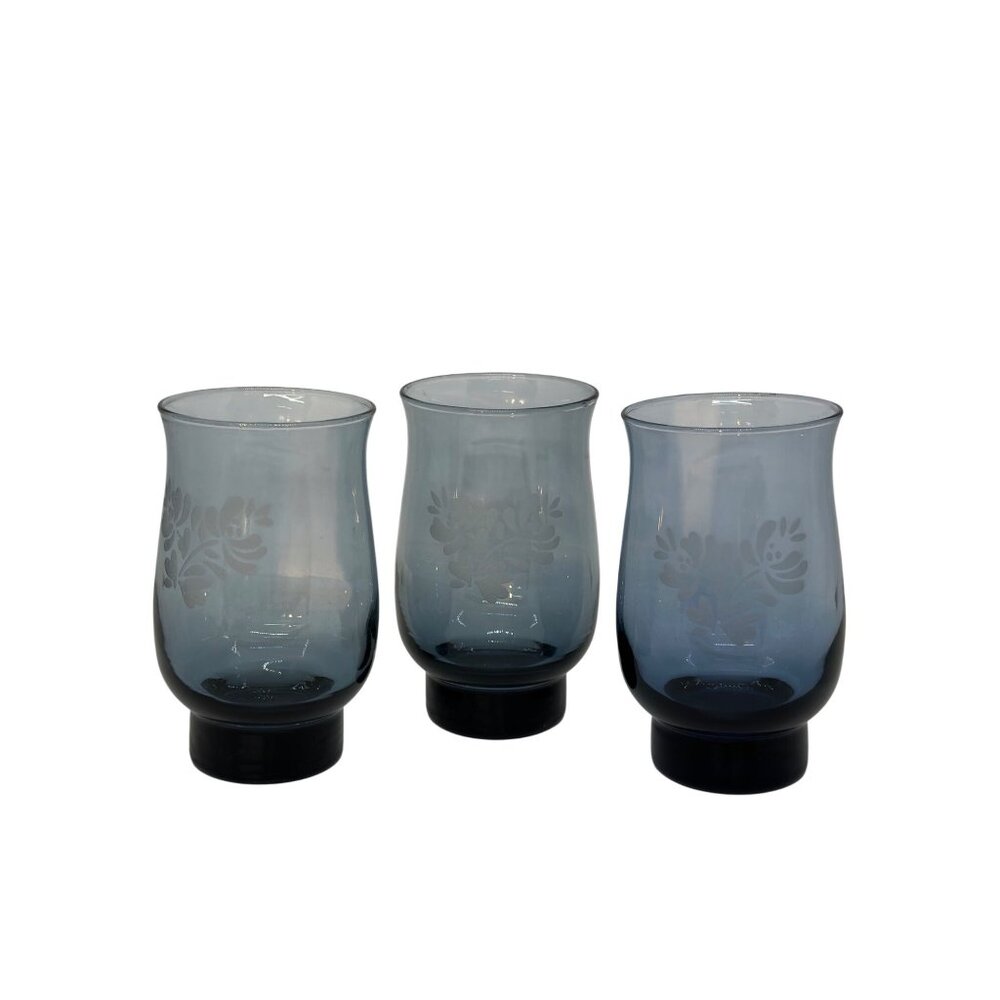 VTG Pfaltzgraff YORKTOWNE Etched Cobalt Blue Stemless Drinking Glasses Set of 3
